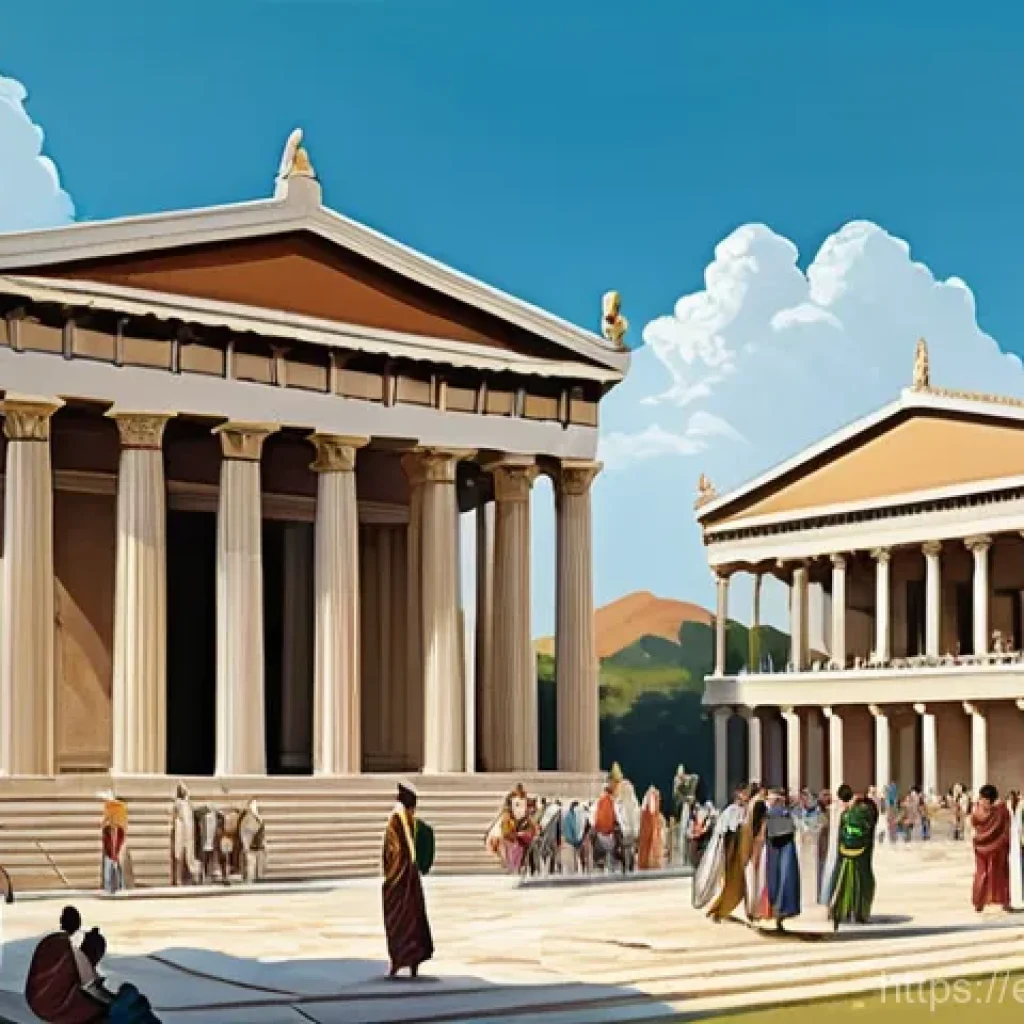 정치적 사상가 분석 - **Prompt:** "A vibrant, panoramic illustration depicting an ancient Athenian agora bustling with act...
