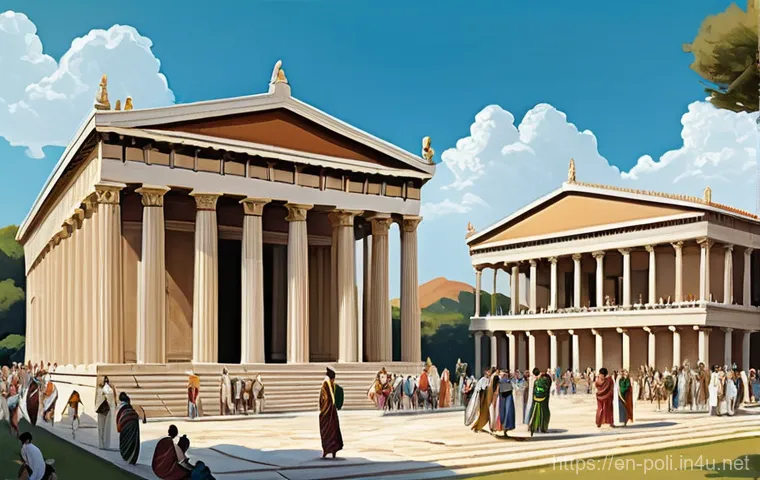 정치적 사상가 분석 - **Prompt:** "A vibrant, panoramic illustration depicting an ancient Athenian agora bustling with act...