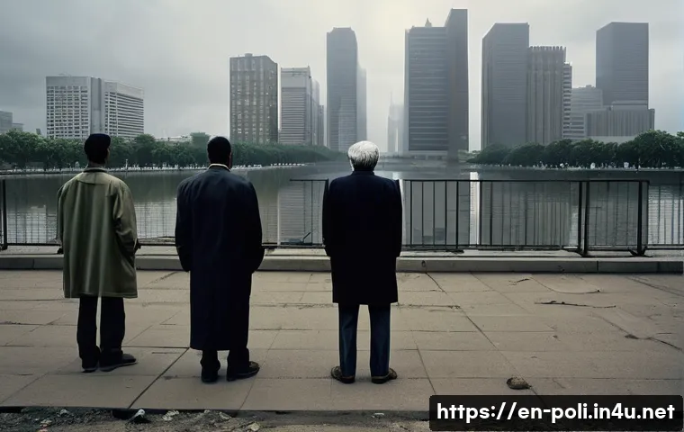 정치엘리트와 대중 - **Prompt:** A solemn, diverse group of adults of various ages and ethnicities stands in a decaying u...