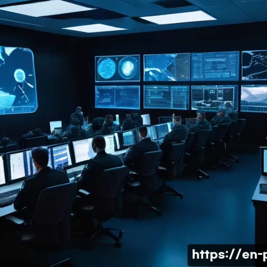 군사 전략과 방위정책 - A futuristic military command center bustling with diverse personnel including cyber security expert...