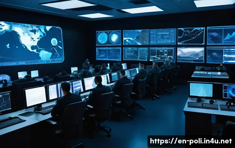 군사 전략과 방위정책 - A futuristic military command center bustling with diverse personnel including cyber security expert...
