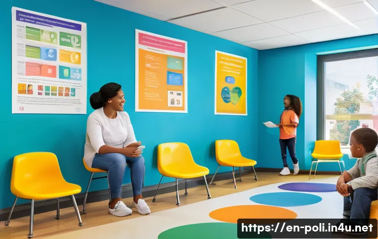 사회정책과 복지국가 - A vibrant urban community center scene showing diverse families and children engaged in free educati...
