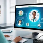 보건정책과 의료제도 - A modern telemedicine consultation scene showing a diverse middle-aged female patient speaking with ...