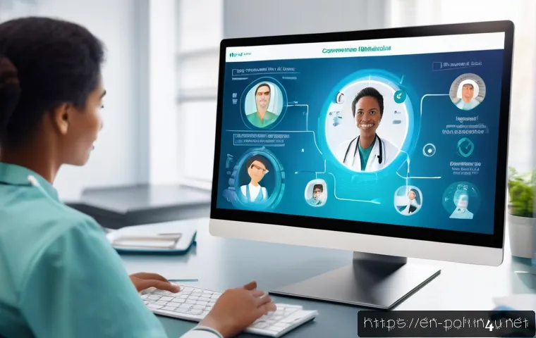 보건정책과 의료제도 - A modern telemedicine consultation scene showing a diverse middle-aged female patient speaking with ...
