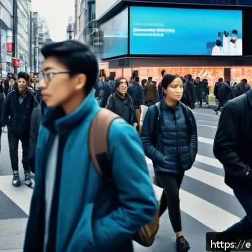 전체주의와 권위주의 - A detailed scene depicting a modern urban setting under subtle surveillance: diverse citizens walkin...