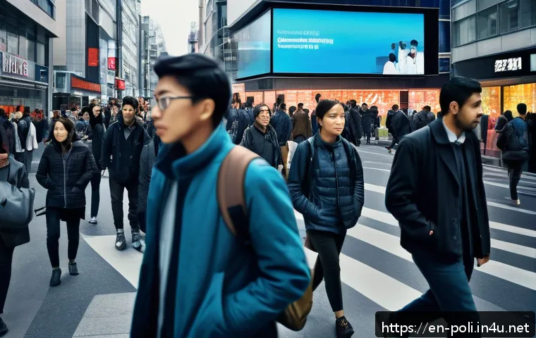 전체주의와 권위주의 - A detailed scene depicting a modern urban setting under subtle surveillance: diverse citizens walkin...