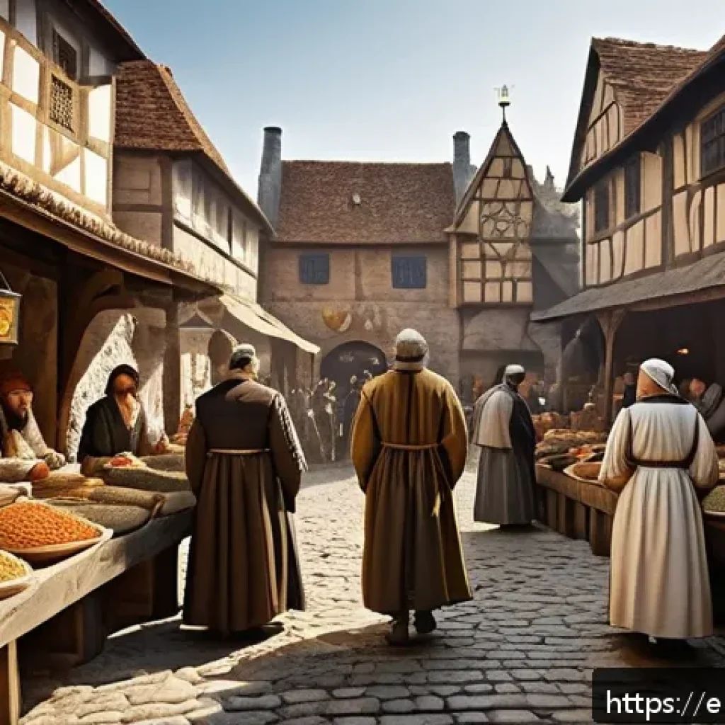 로크와 자유주의 - A detailed historical scene depicting a medieval marketplace with diverse figures representing kings...