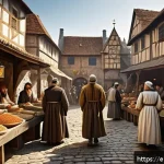 로크와 자유주의 - A detailed historical scene depicting a medieval marketplace with diverse figures representing kings...