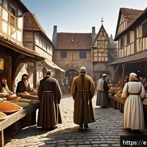 로크와 자유주의 - A detailed historical scene depicting a medieval marketplace with diverse figures representing kings...