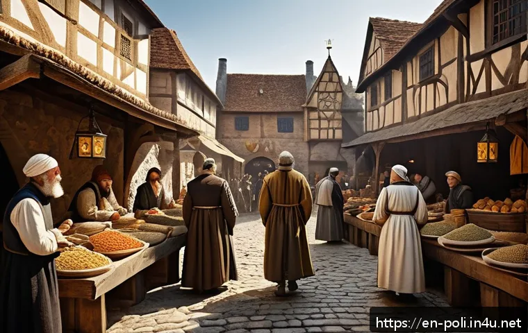 로크와 자유주의 - A detailed historical scene depicting a medieval marketplace with diverse figures representing kings...