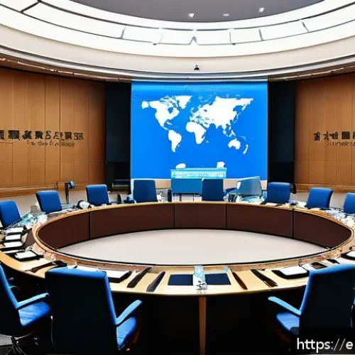 21세기 글로벌 정치 이슈 - A detailed illustration of a global political summit room showcasing diverse world leaders from Chin...