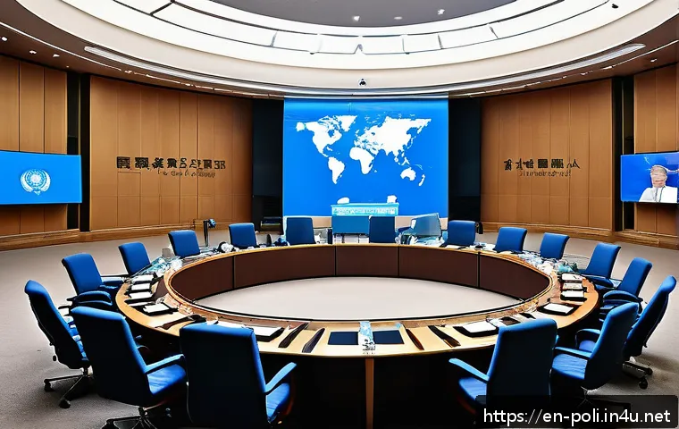21세기 글로벌 정치 이슈 - A detailed illustration of a global political summit room showcasing diverse world leaders from Chin...