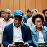 여론과 정치참여 - A diverse group of people gathered at a vibrant community town hall meeting inside a modern civic ce...