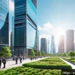 자본주의와 시장경제 - A futuristic urban business district bustling with diverse professionals using cutting-edge technolo...