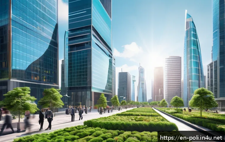 자본주의와 시장경제 - A futuristic urban business district bustling with diverse professionals using cutting-edge technolo...
