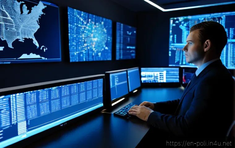 사이버 안보와 정보전 - Photorealistic cyber security operations center, focused analyst in a modern dark-blue workspace mon...